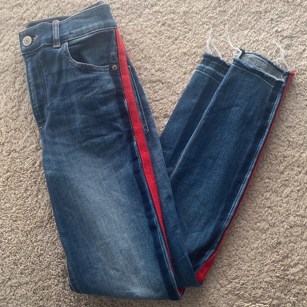 Express high-rise skinny jeans with red stripe size 2